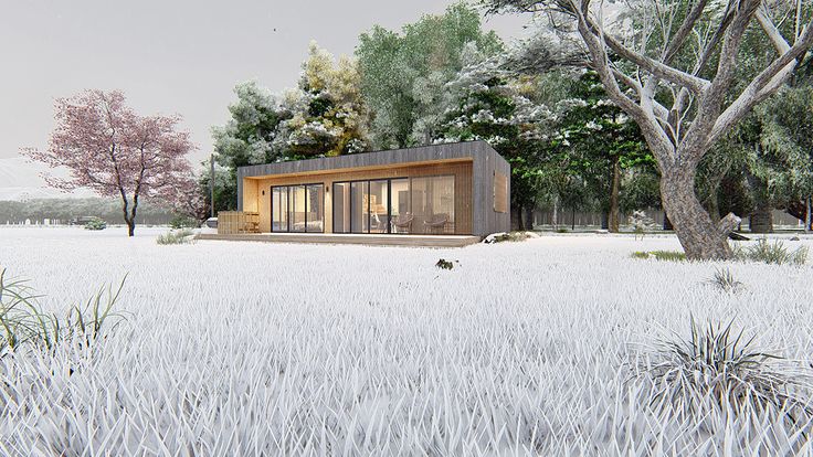 an artist's rendering of a small house in the middle of a snowy field