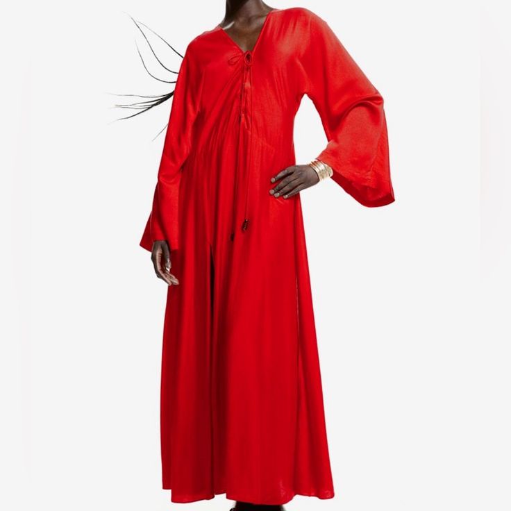 New With Tags Never Worn Or Used Size Small Wrinkle Alittle No Measurements Provided Flowy Light Weight Red Dress Price Firm Unless Stated Otherwise Long Kaftan Dress In Soft, Woven Fabric With A Slight Sheen And An Airy, A-Line Silhouette. Low-Cut V-Neck With Delicate Loops And Long, Extra-Narrow Laces Red Silk Long Sleeve Maxi Dress, Red Long Sleeve Silk Maxi Dress, H&m Long Sleeve Maxi Dress For Daywear, H&m V-neck Maxi Dress For Daywear, Red Long Sleeve Viscose Dress, Red Viscose Long Sleeve Dress, H&m Flowy V-neck Maxi Dress, Red Viscose Maxi Dress, Red Silk Flowy Maxi Dress