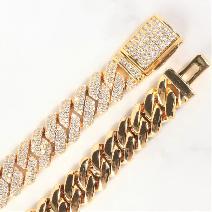 Details: Material: 18K Gold plating over copper base Stone: CZ Chain width: 8mm Clasp type: Custom lock box Moissanite Chain, Mini Bracelet, Photo Pendant, Solid Gold Jewelry, Cuban Chain, Men's Rings, Chain Pendants, Gold Plated Jewelry, Diamond Studs