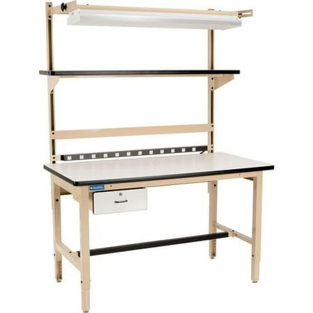 a workbench with drawers and shelves on each side, in front of a white background