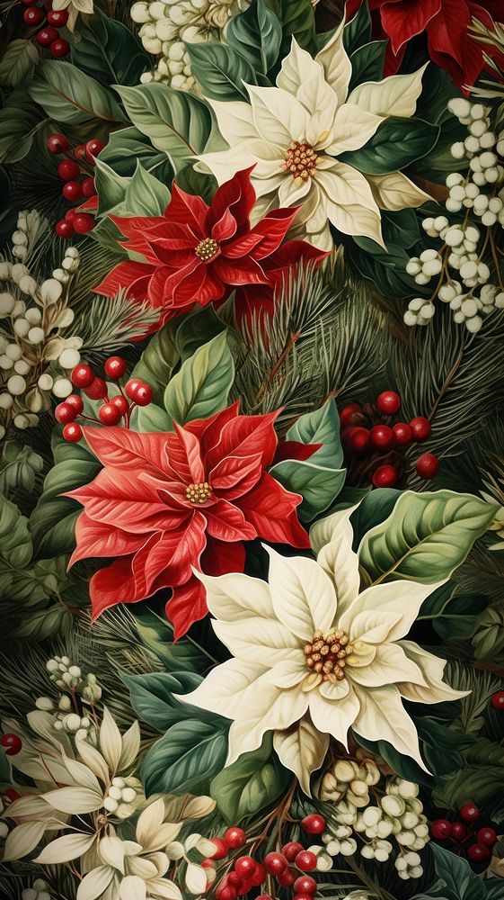 a painting of poinsettis and holly with berries on the branches in red, white and green