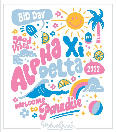 a poster with the words and symbols in pink, blue, and yellow on it