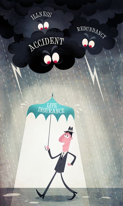 a man walking under an umbrella with the words accident and life insurance written on it