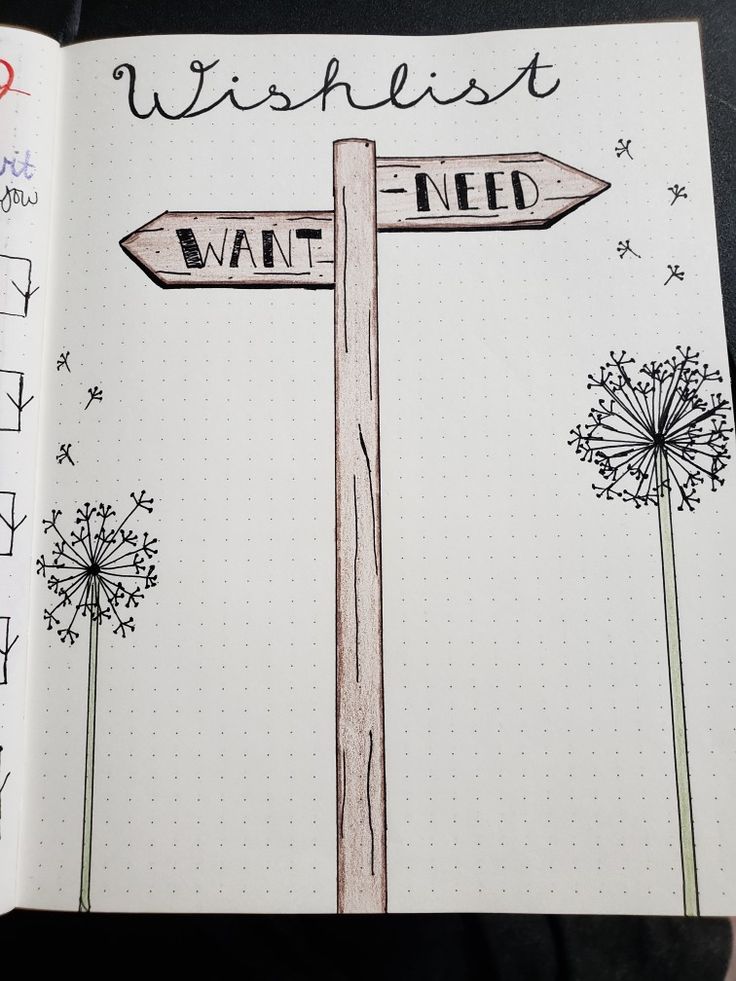 an open notebook with a drawing of a street sign and dandelions on it