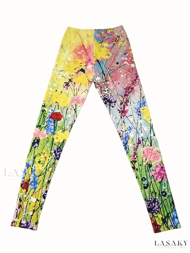 Lasaky - Womens Floral Print Skinny Leggings: Premium Quality Casual Elastic-Waist Stretch Legwear Spring Floral Print Stretch Leggings, Stretch Floral Print Leggings, Multicolor Printed Stretch Leggings, Flower Leggings, Spring Multicolor Non-stretch Leggings, Casual Leggings, Leggings Casual, Summer Floral, Women's Casual