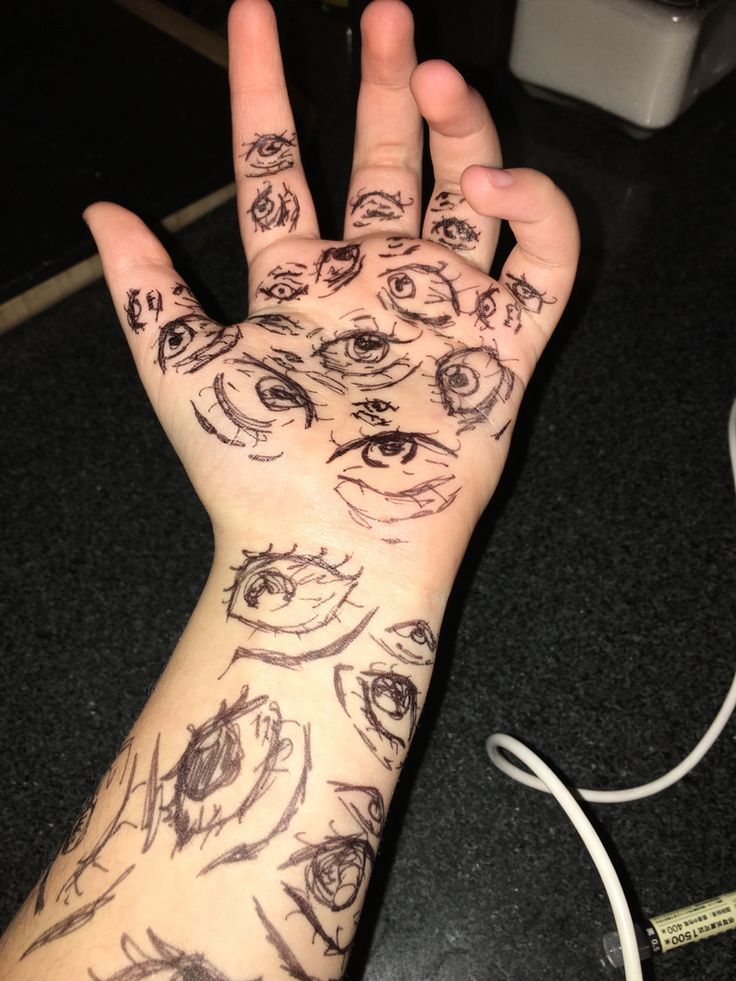 a person's hand with many faces drawn on it