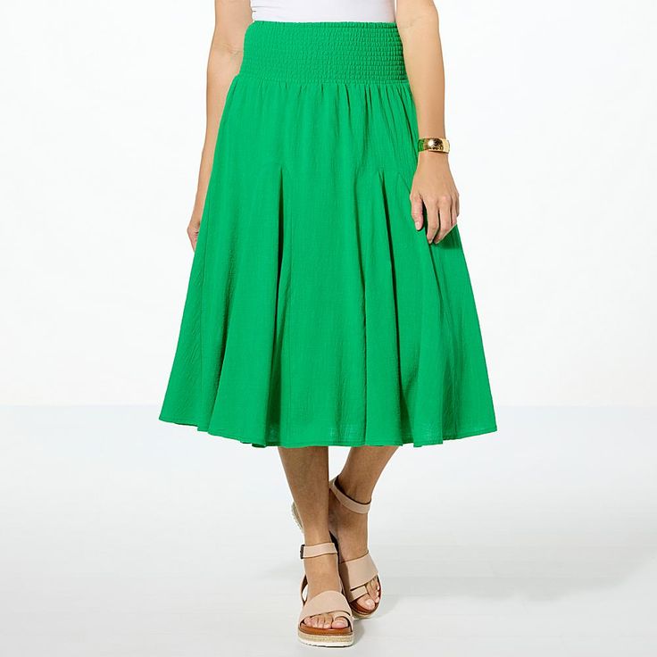 One World Printed Smocked Waist Skirt Comfortably chic and elegant, this flowy, lined midi skirt makes the perfect staple piece. With a textured woven fabric in bold, bright colors, it's the ideal garment for go-anywhere summer style. Chic And Elegant, Contemporary Outfits, Green Skirt, Knitted Tshirt, Staple Pieces, First World, Summer Style, Waist Skirt, Bright Colors