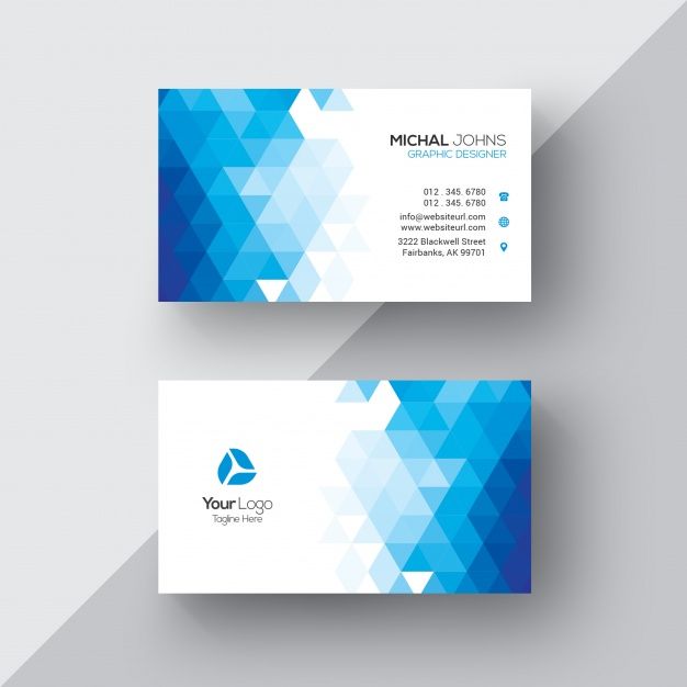 two business cards with blue triangles on them