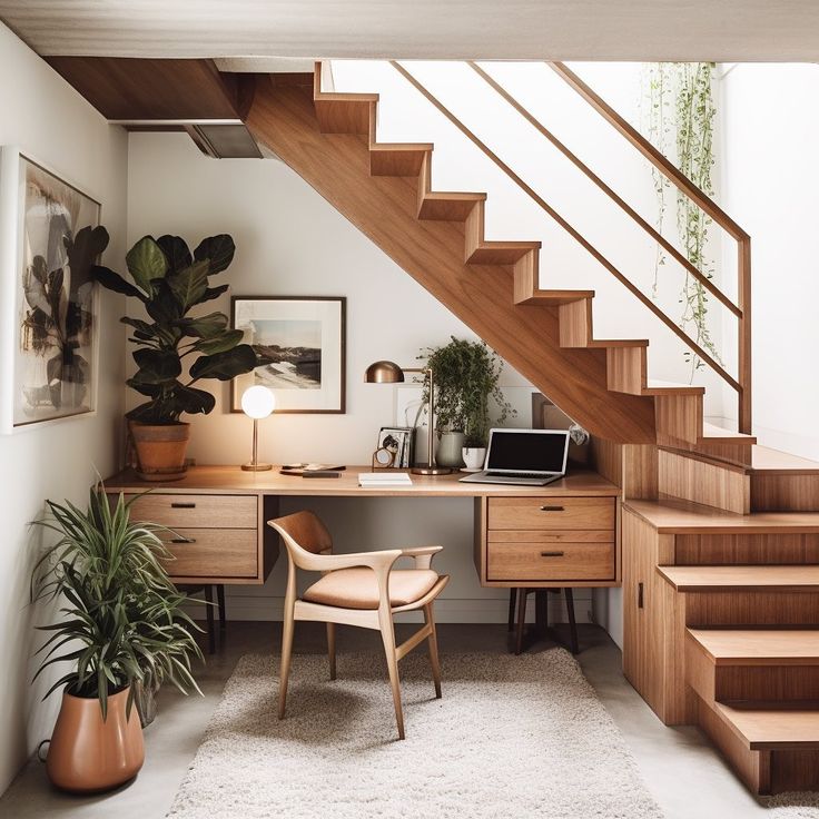 a home office with wooden steps leading up to the second floor, and a potted plant on the desk