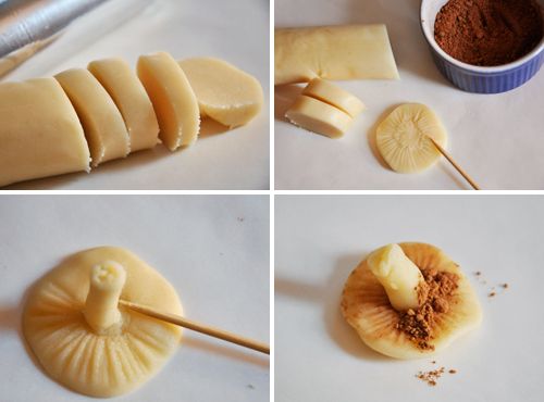 four pictures showing how to cut up bananas