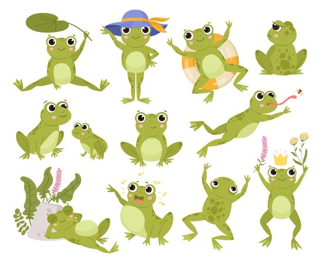 frog cartoon character set with various poses and expressions