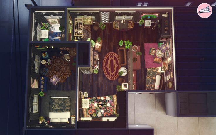 an overhead view of a living room and dining area in a house with dark blue walls