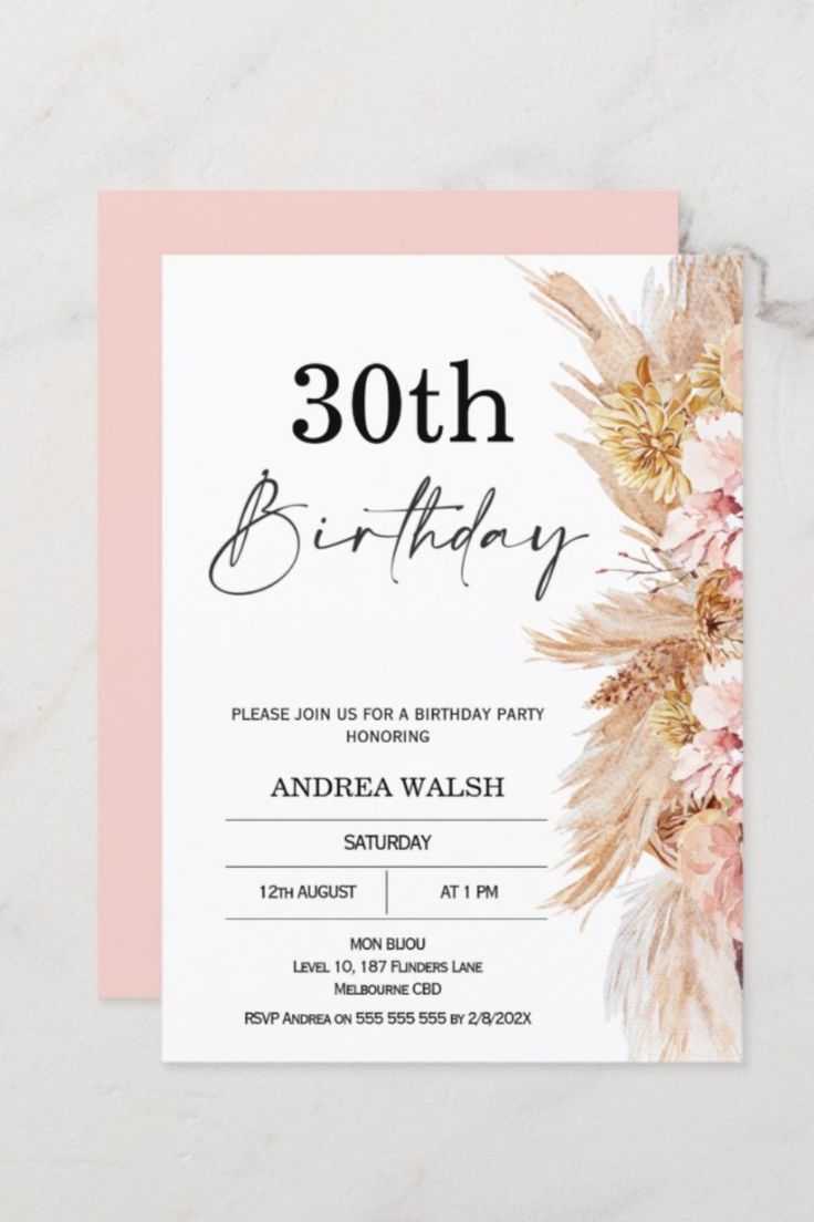 an elegant 30th birthday party card with pink and gold flowers on the front, white background