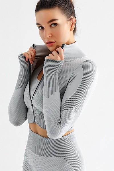 3pc. Set: Zip up jacket with thumb holes, sports bra and shaping leggings active set in grey. Workout Tops For Women, Compression Fabric, Activewear Sets, Beautiful Curves, Zip Up Jacket, Thumb Holes, Crop Jacket, Workout Tops, Exclusive Designs