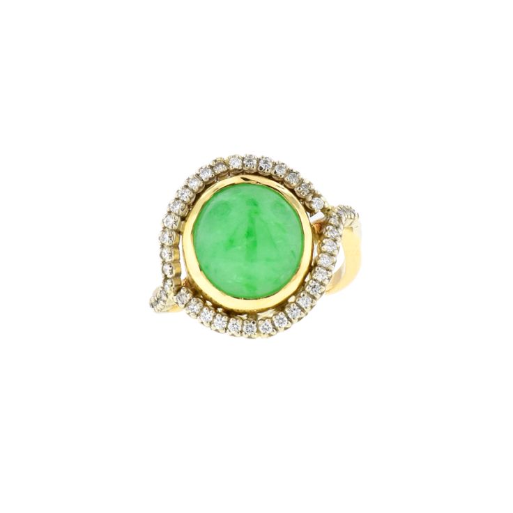 Yellow Gold Jadeite Ring with Diamonds Fine Jewelry Green Diamond Ring With Round Stone, Green Diamond Ring With Round Stone, Green Diamond Ring With Gemstone Accents, Fine Green Diamond Ring With Round Stone, Green Multi-stone Cluster Ring, Green Cabochon Rings Fine Jewelry, Green Cabochon Fine Jewelry Rings, Luxury Jade Rings, Jadeite Ring