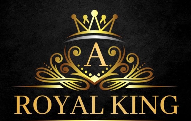 the royal king logo on a black background with gold lettering and a crown in the center