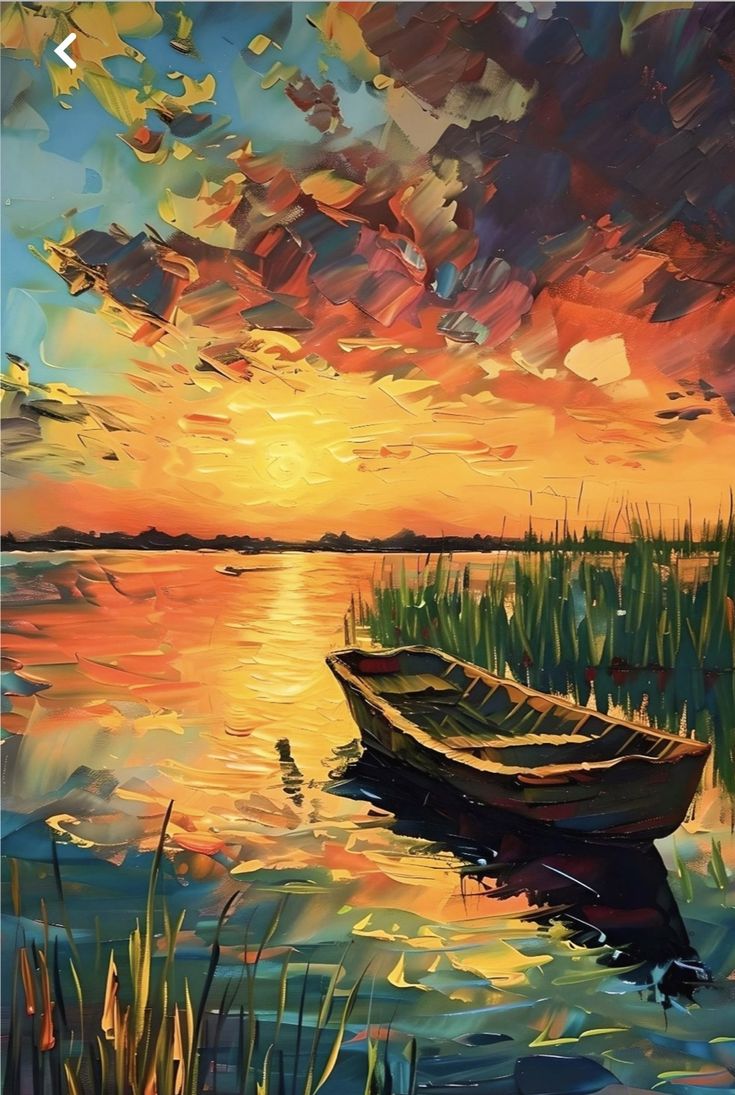 a painting of a boat on the water at sunset with grass in front of it