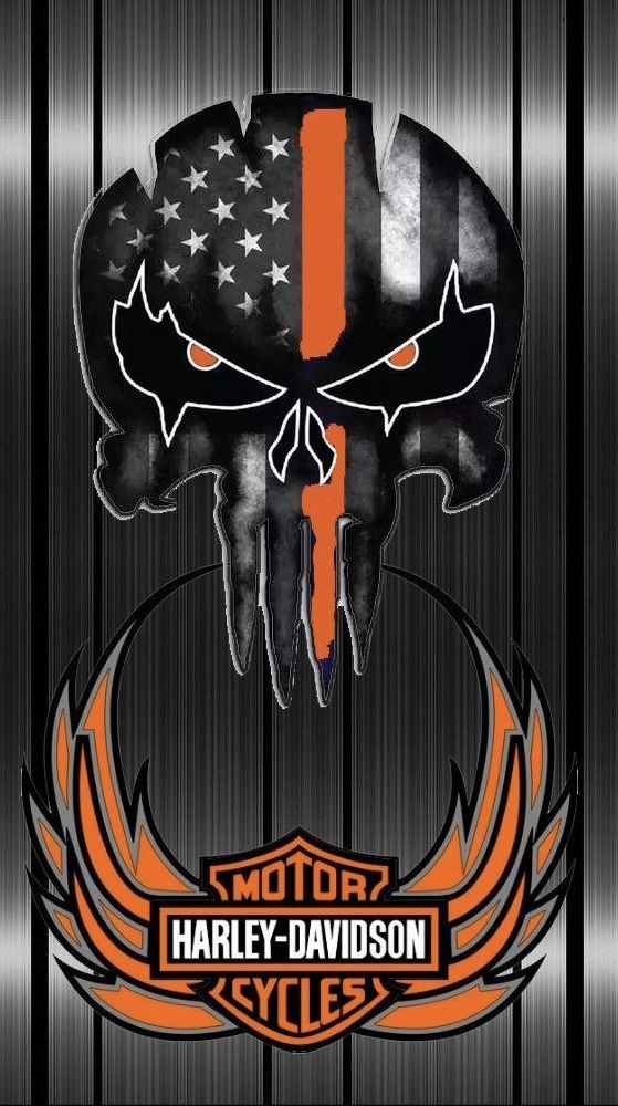 the harley davidson logo with an american flag in the center and two skulls on it