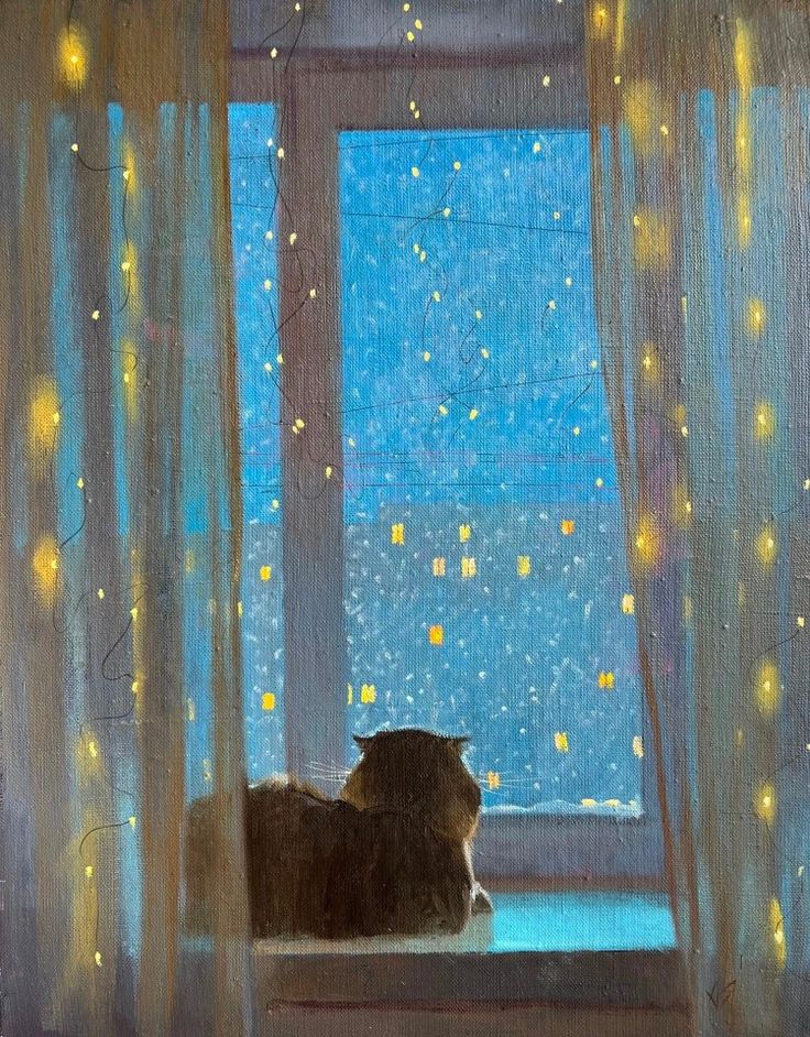 a painting of a cat sitting on a window sill looking out at the stars