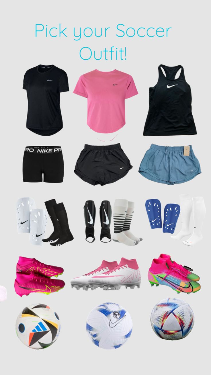 a group of different types of sports gear on display with the words pick your soccer outfit