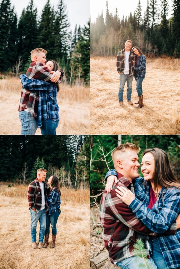 a man and woman hugging each other in a field surrounded by pine trees during their engagement session