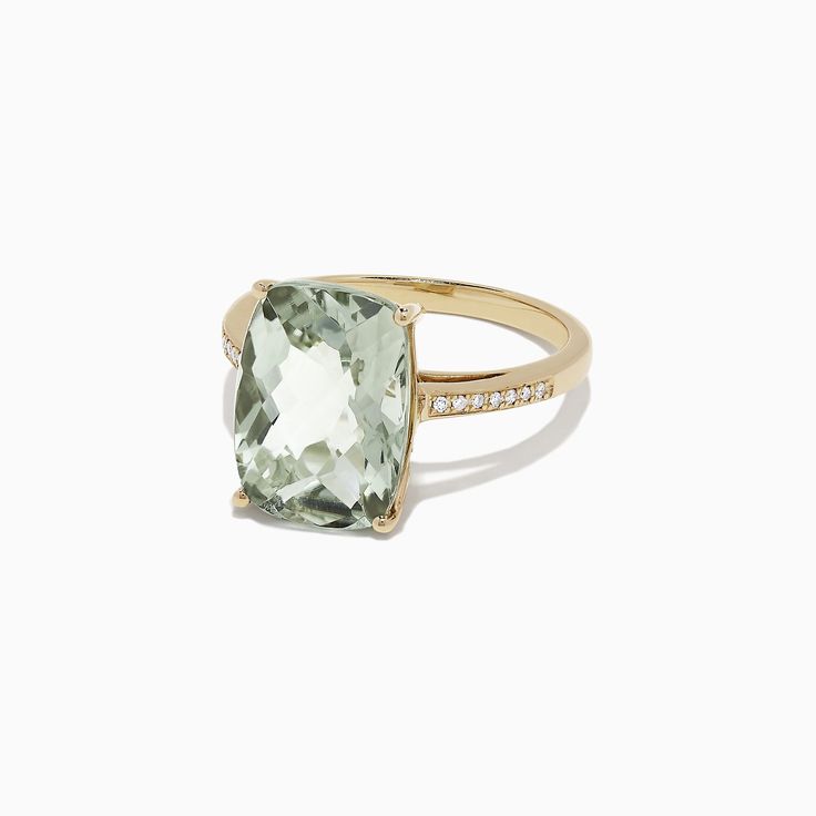 Effy 14K Yellow Gold Green Amethyst and Diamond Ring, 1.72 TCW Yellow Gold Ring With Green Amethyst And Accent Stones, Yellow Gold Jewelry With Green Amethyst And Accent Stones, Green Amethyst Ring In 14k Gold, Green Amethyst Ring With Accent Stones Fine Jewelry, Fine Jewelry Green Amethyst Ring With Accent Stones, Elegant Green Amethyst Ring With Accent Stones, Elegant Cushion Cut Yellow Gold Amethyst Ring, Green Amethyst Ring With Accent Stones, Luxury Green Amethyst Ring With Accent Stones