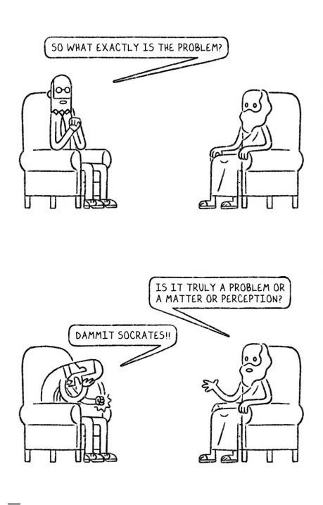 a comic strip with two people sitting on a couch and one is talking to another person