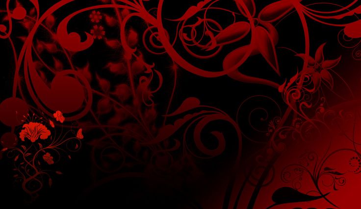 a red and black wallpaper with swirls and flowers on the bottom right corner