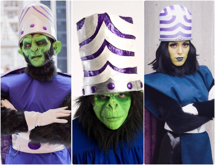 three pictures of people in costumes and one is wearing a costume that looks like an alien