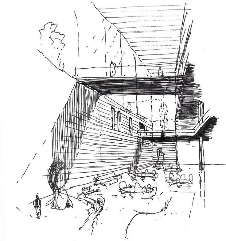 an ink drawing of a building with people walking in the street and trees on the other side