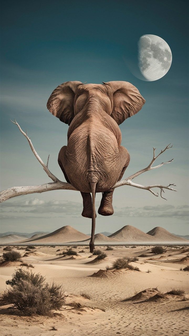 an elephant standing on top of a tree branch in the middle of desert under a full moon