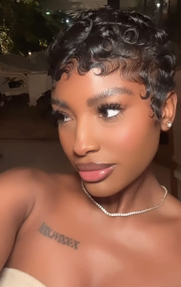 Feminine Short Pixie Haircut, Pixie Curls Black Women, Waves On Black Women Short Hair, Black Pixie Cut Black Women, Hairstyles On Short Hair Black Women, Waves Pixie Hair, Pixie Cut With Curls, Betty Boop Pixie Cut, Waves Styles Short Hair Black Woman