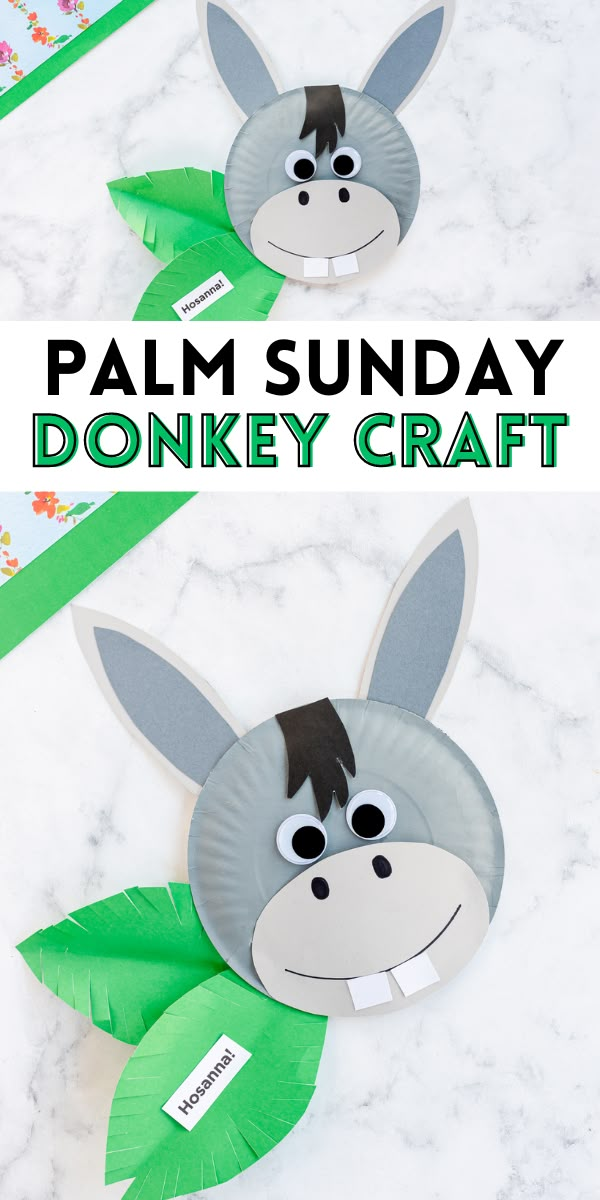 paper plate donkey craft with the words palm sunday on it and an image of a donkey