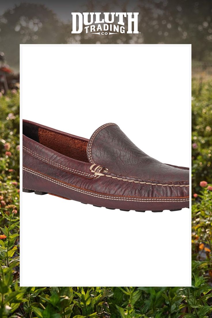 Men's Bison Leather Driving Moccasins from Duluth Trading Company are distinctive with hand-stitched seams that will immediately set you apart. Rugged Leather Moc Toe Loafers, Rugged Leather Slip-on Moccasins, Bison Leather, Duluth Trading Company, Driving Moccasins, Duluth Trading, Trading Company, Moccasins, Leather