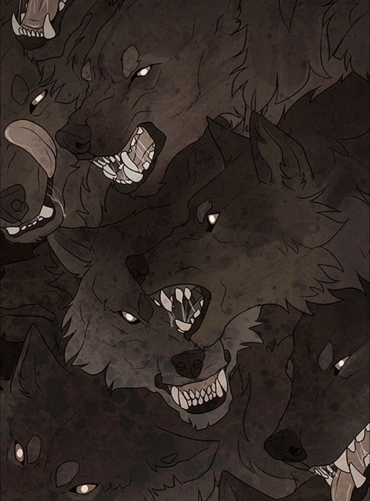 an image of wolfs in the dark with their mouths open and eyes wide open