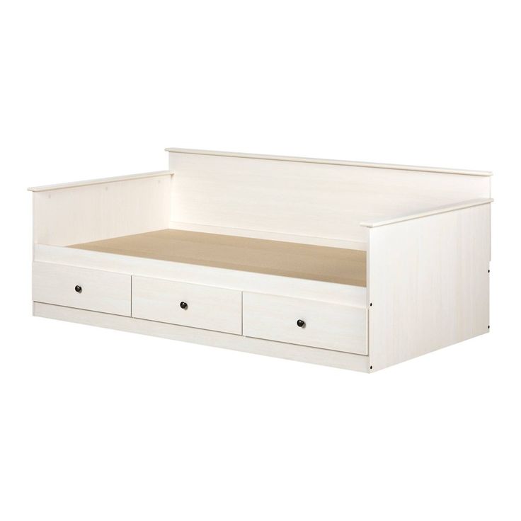 a white day bed with drawers on the bottom and bottom drawer open to reveal a mattress