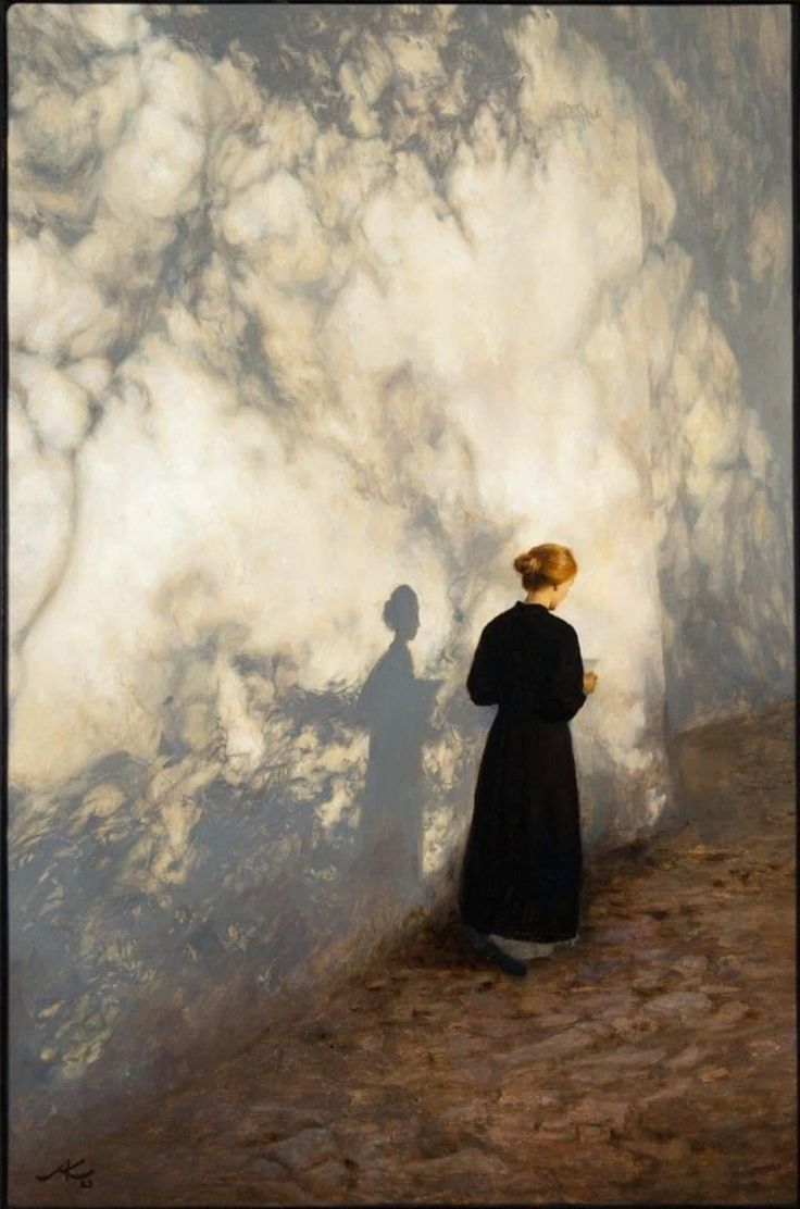 a painting of a woman standing in front of a white wall with clouds on it