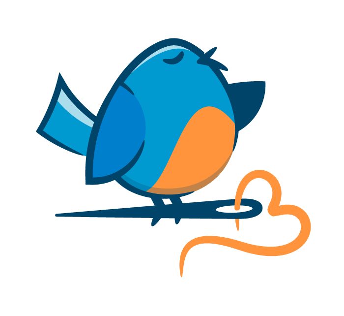 a blue and orange bird sitting on top of a piece of paper next to scissors