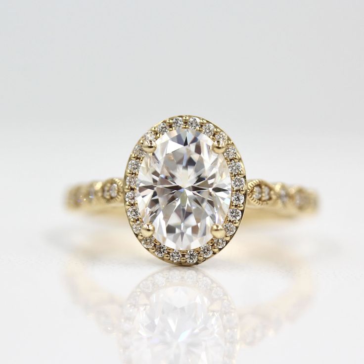 Ready-to-ship Ring 14k Yellow Gold The Charlotte Ring (Oval) in Yellow Gold with 1.75ct Moissanite Traditional Diamond, Pave Engagement Ring, Types Of Diamonds, Moissanite Wedding Bands, Halo Diamond Engagement Ring, Halo Engagement, Diamond Sizes, Vintage Diamond, Moissanite Diamonds