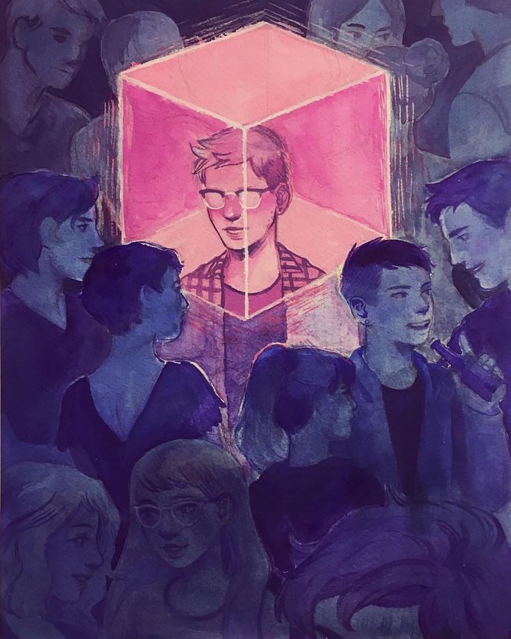 a drawing of people standing in front of a pink cube with a man's face on it