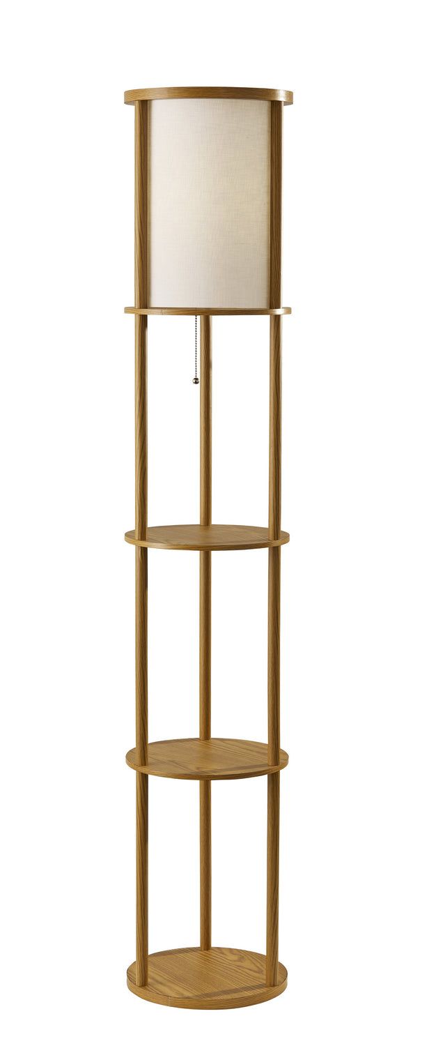 Stewart Floor Lamp in Natural Wood Veneer Round Floor Lamp, Shelf Floor Lamp, Round Shelf, Soft Contemporary, Floor Lamp With Shelves, Wood Floor Lamp, Contemporary Lamps, Floor Standing Lamps, Home Offices