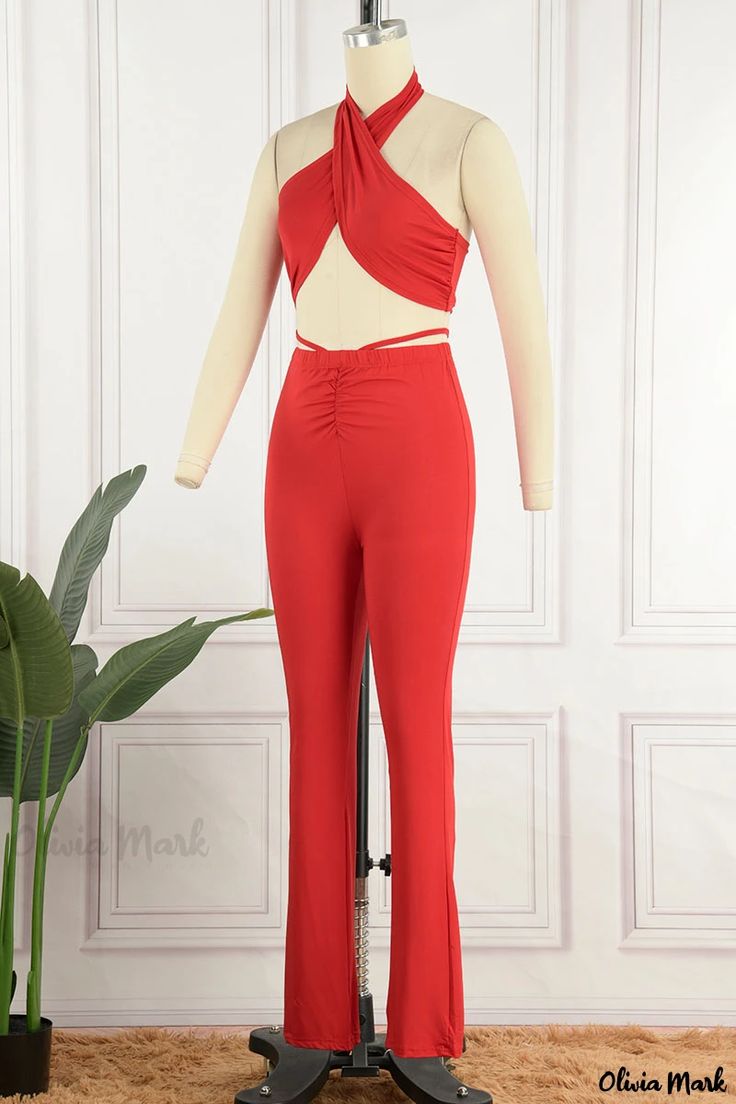 Olivia Mark - Green Patchwork Halter Sleeveless Two-Piece Set with Solid Design Sleeveless Suit, Black Halter, Elegant Red, Two Piece Sets, Wholesale Fashion, Olivia Mark, High Waisted Shorts, Piece Of Clothing, Two Pieces