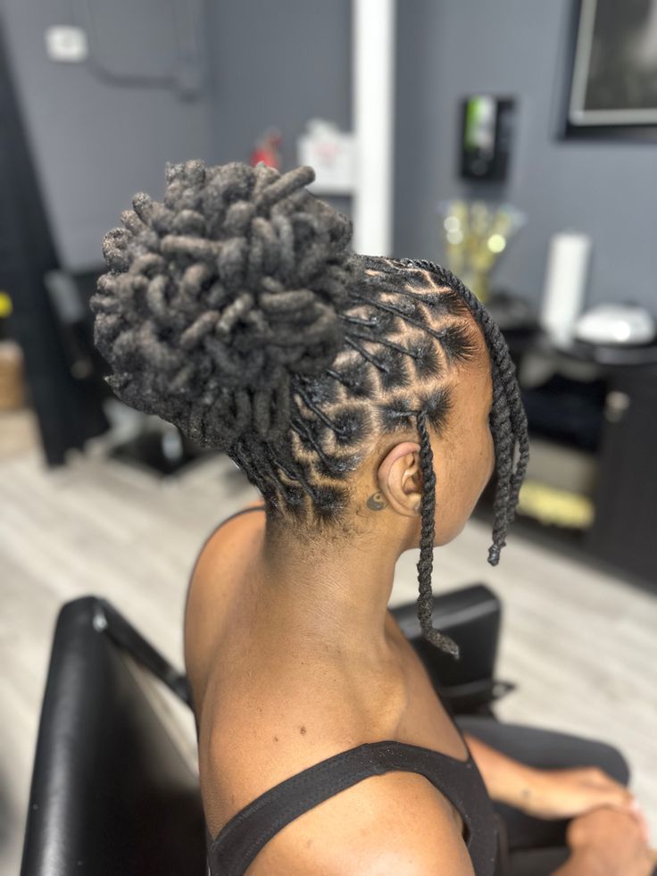 Loc Petal Bun With Swoop, Flower Locs Style, Females With Dreads Locs, Pedal Dread Styles, Locs Styles For Prom, Petal Hairstyle For Locs, Dreadlocks Bun Hairstyles, Peddle Bun Locs, Dread Bun Styles Women