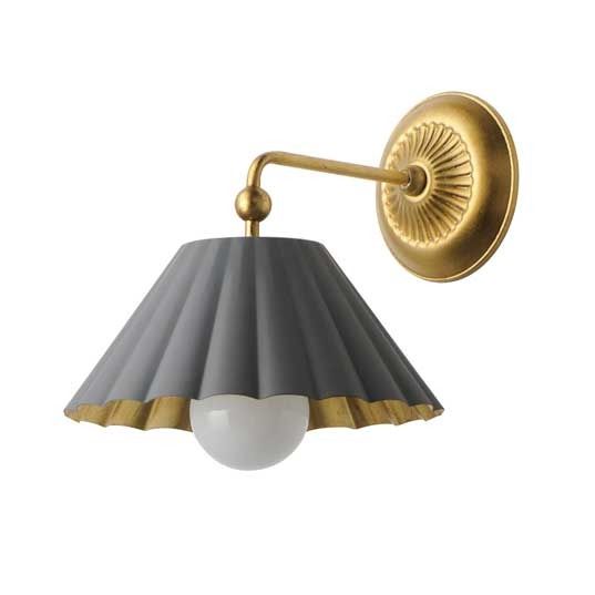 an image of a wall light that is gold and grey with a white ball on it