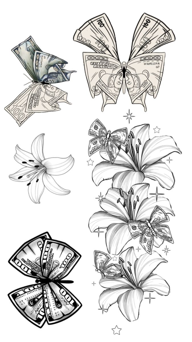 some flowers and money are drawn in black and white