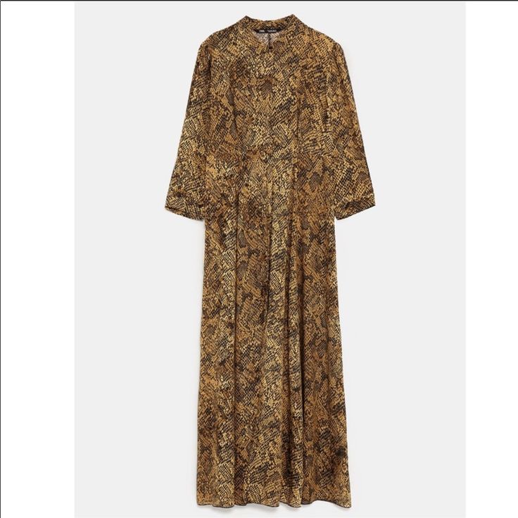 Brand New Size Medium Zara Python Print Maxi Dress Button Down Slits Fall Floral Print Dress With Stand Collar, Elegant Brown Shirt Dress For Daywear, Brown Buttoned Midi Dress For Fall, Brown Long Sleeve Maxi Dress For Daywear, Long Sleeve Brown Maxi Dress For Daywear, Brown Fall Midi Dress With Button Closure, Brown Button-up Fall Midi Dress, Brown Button-up Midi Dress For Fall, Brown Button-up Midi Dress For Daywear