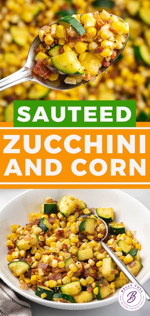 zucchini and corn is served in a white bowl with a spoon on the side