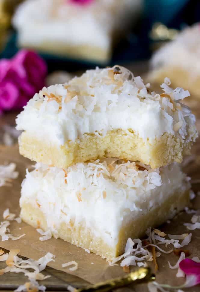 two coconut bars stacked on top of each other