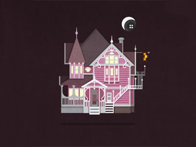 an image of a pink house with the moon in the sky above it and stairs leading up to it