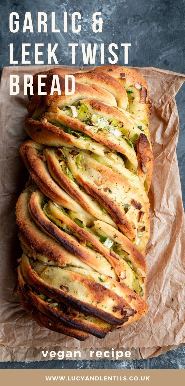 garlic and leek twist bread with text overlay